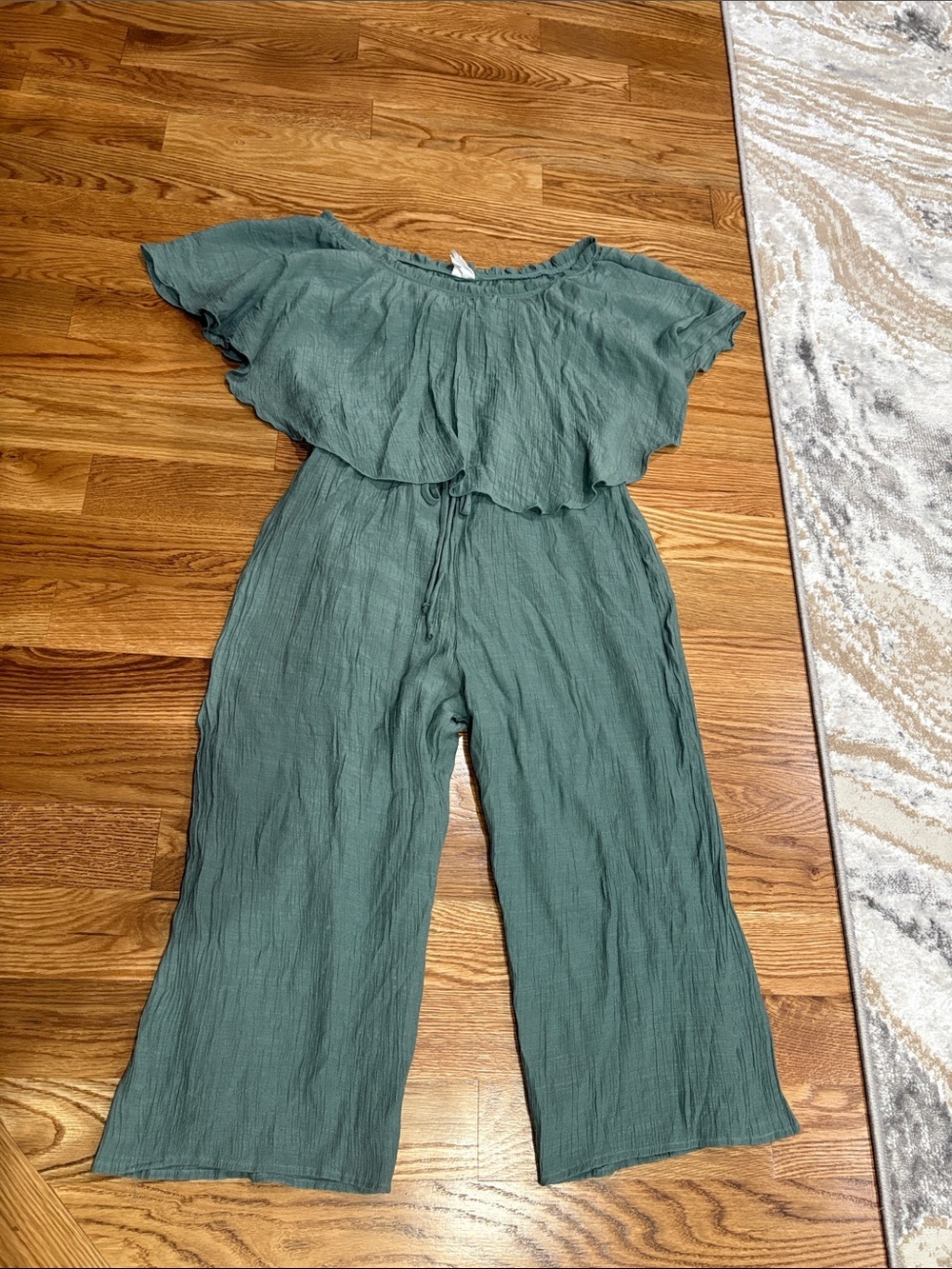 NAIF Sage Green gauze Textured jumpsuit cropped on off shoulder overlay size L